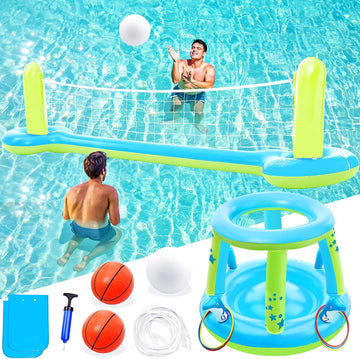 Jasonwell Pool Toys Games Set - 3 in 1 Pool Volleyball Net Basketball Hoop Ring Toss Game Inflatable Floats Water Floating Volleyball Swimming Pools Party Game Accessories Toy Gift Kids Teens Adults